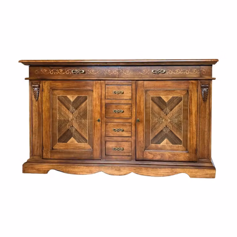 Credenza con intarsio in legno Mobili 2G con 2 porte e 6 cassetti, finitura bassano, colore marrone, L: 210 cm, P: 55 cm, H: 115 cm