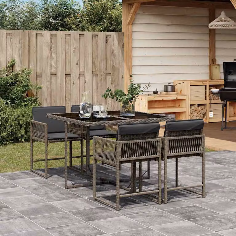 Set da Pranzo da Giardino vidaXL in Polyrattan Grigio con Cuscini e Tavolo in Vetro, 5 Pezzi