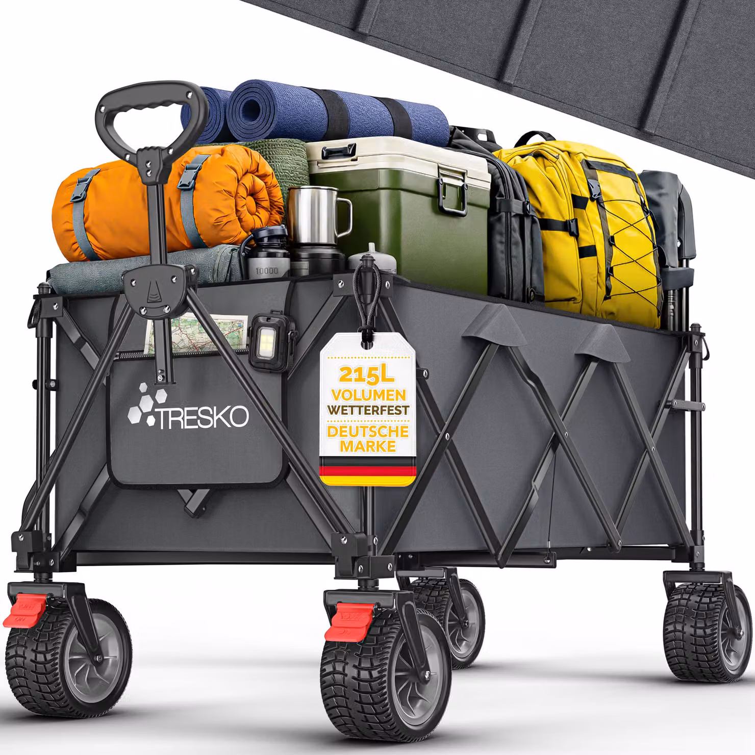Carrello pieghevole TRESKO® da 215 litri con freno | Carrello pieghevole da 150 kg con ruote in gomma piena | Carrello da spiaggia pieghevole con ruote fuoristrada extra larghe | Carrello da trasporto con borsa per il trasporto