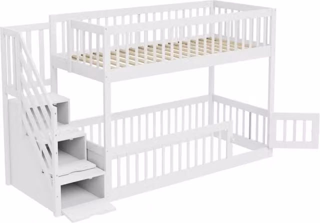 Letto a castello per bambini 90x200 cm in legno con scala di sicurezza e cassetti, bianco con vani contenitori