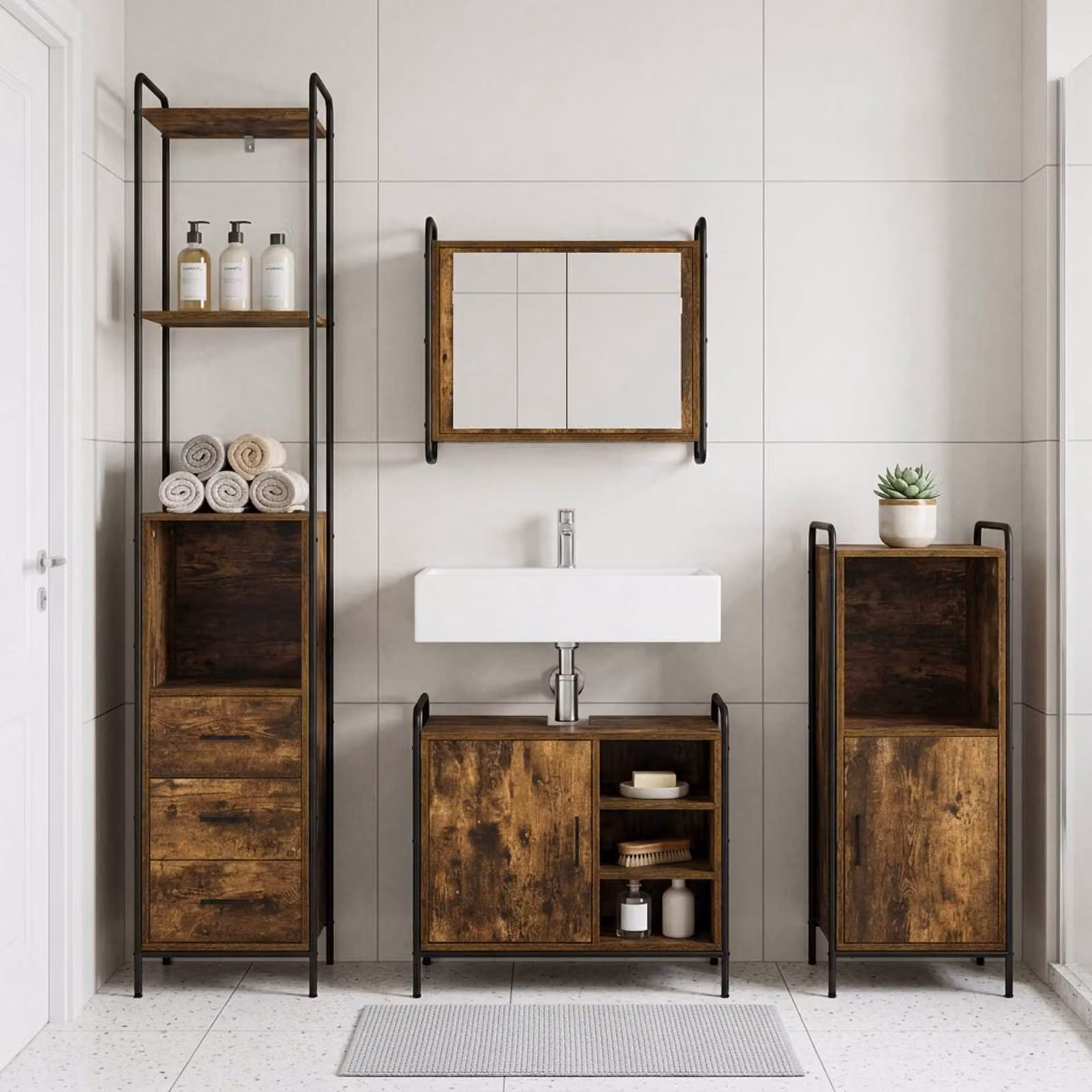 vidaXL Set di Armadi da Bagno 3 pz Rovere Fumo 40 x 36 x 181 cm