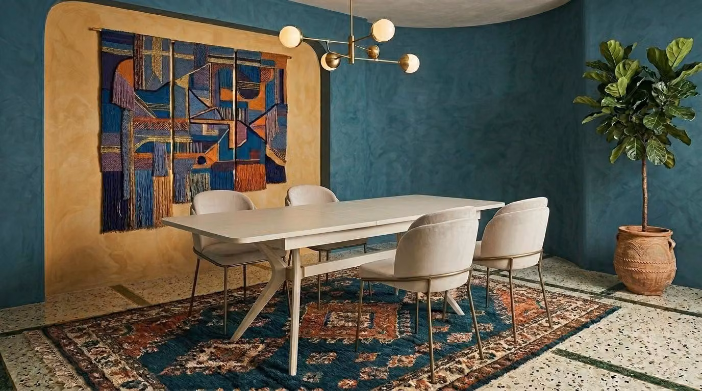 Set moderno da pranzo bianco, con tavolo in legno e metallo, e 4 sedie, con possibilità di allungamento