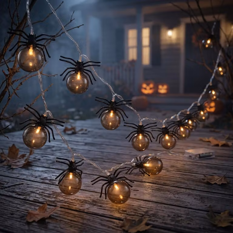 Catena luminosa a tema Halloween con ragni, lunghezza 3 metri, 20 LED, luce bianco caldo