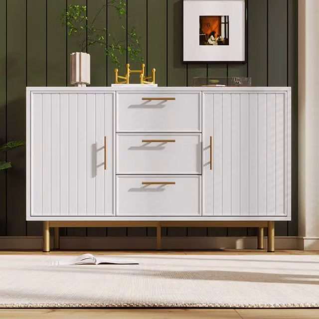 Cassettiera MIVRAY con 2 ante e 3 cassetti, ripiano regolabile, finitura bianca e oro, L: 120 cm, P: 40 cm, H: 75 cm – 1