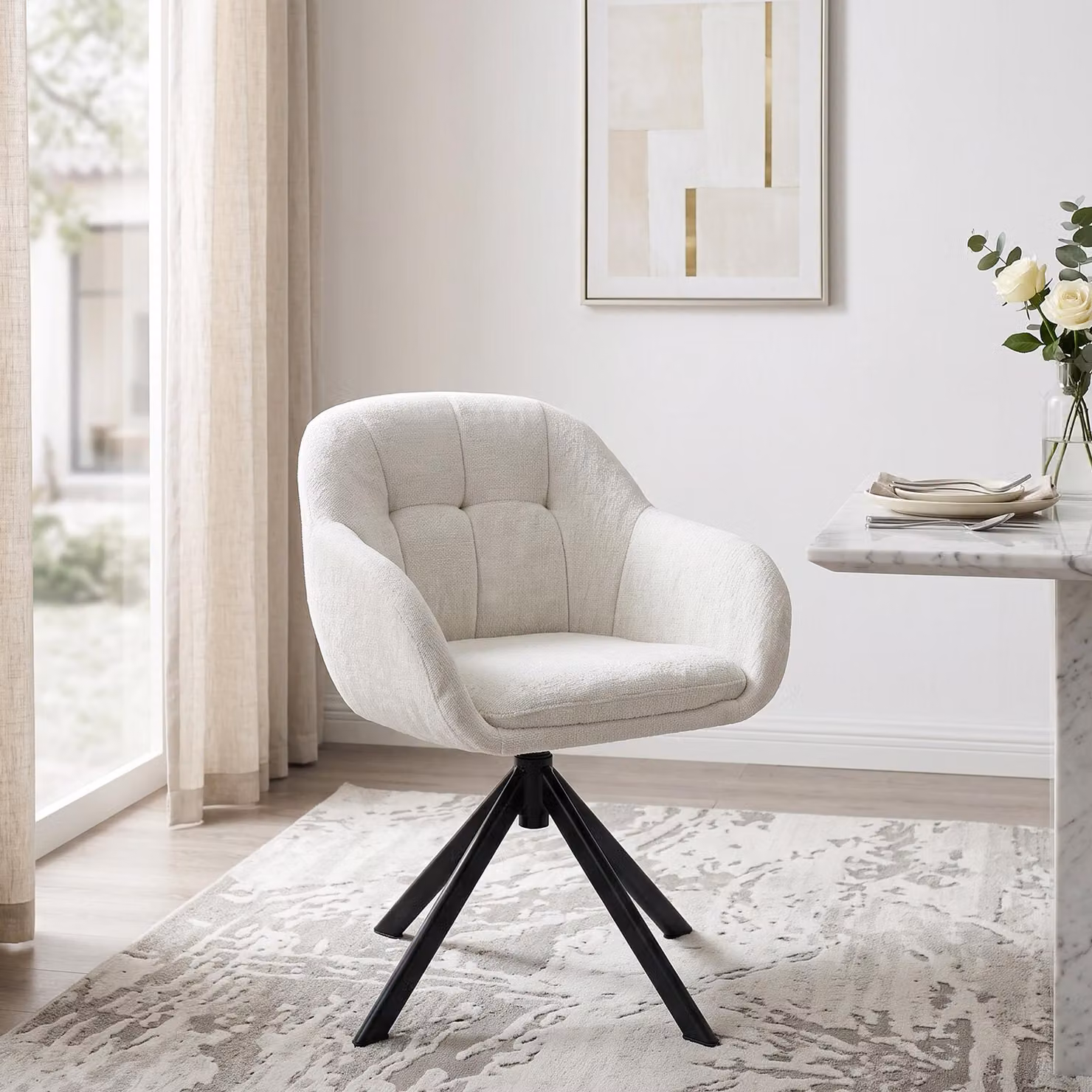 Poltrona reclinabile a 360° Duhome, con braccioli, rivestita in tessuto di chenille, ideale come poltrona da trucco, con struttura in metallo. Sedia da pranzo, color beige