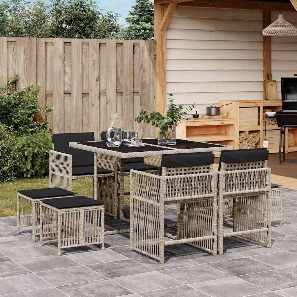 Set Pranzo da Giardino vidaXL in Polyrattan con Piano in Vetro e 9 Sedute, Grigio Antracite – 1