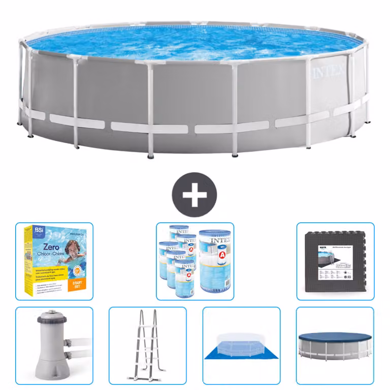 Piscina Intex Round Prism Frame - 457 x 122 cm - Grigio - inclusa pompa - scaletta - telo di fondo - pacchetto di manutenzione della copertura - filtro - piastrelle per il pavimento