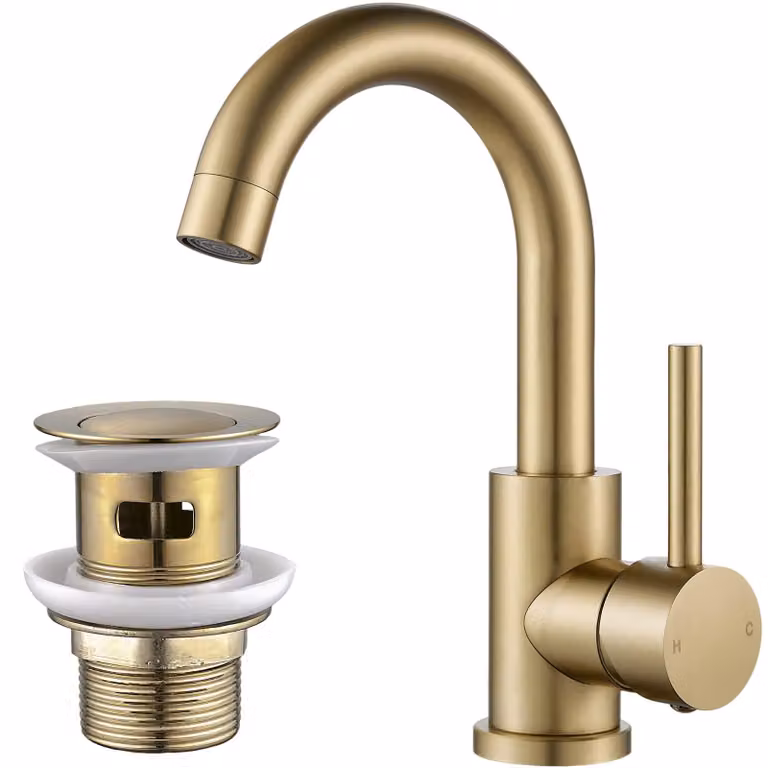 Miscelatore monocomando dorato per lavabo, in ottone, girevole a 360°