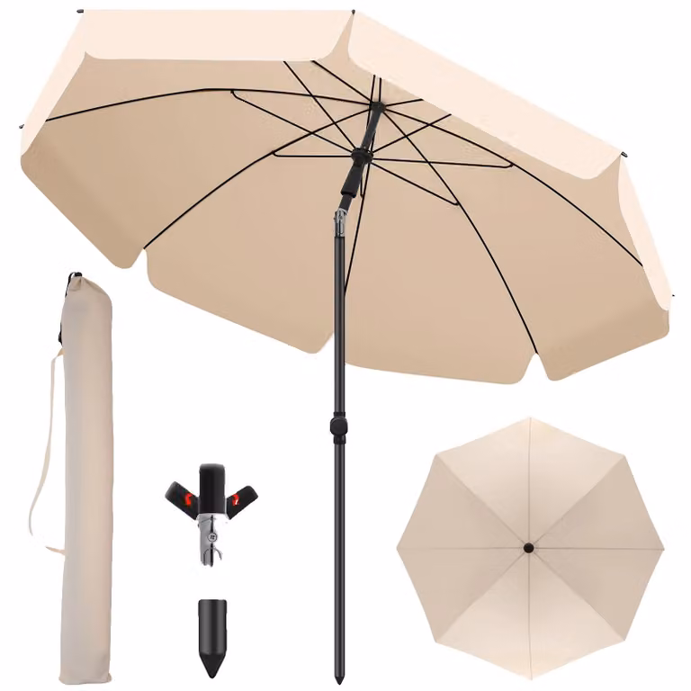 Ombrellone da spiaggia per esterni, protezione UV, funzione di stabilità al vento, colore beige, forma rotonda