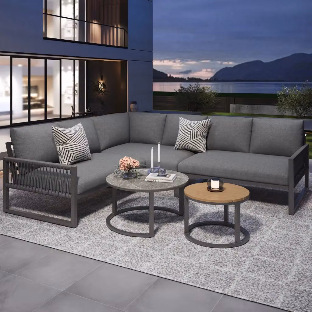 Set di mobili da giardino moderno in metallo e poliestere grigio con divano a L, elementi angolari, tavolino da caffè e cuscini inclusi – 2