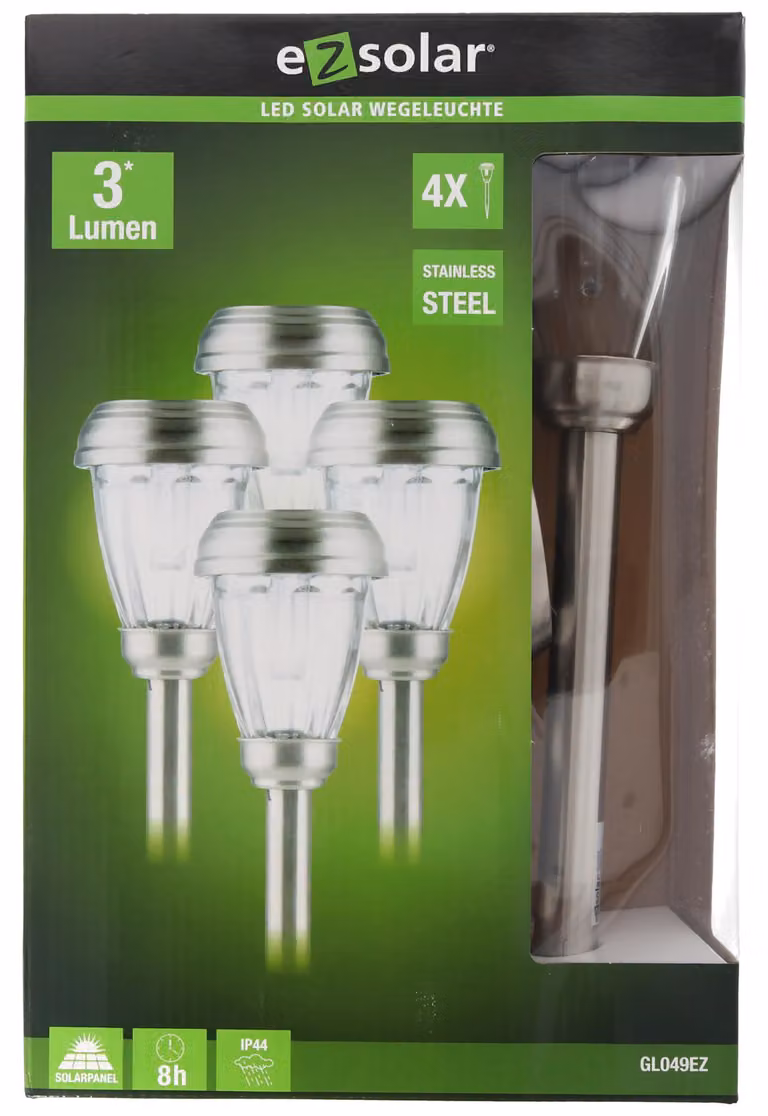 set di 4 luci solari a LED fino a 3 lumen, in acciaio inox, con batteria NiMH standard, GL049EZ