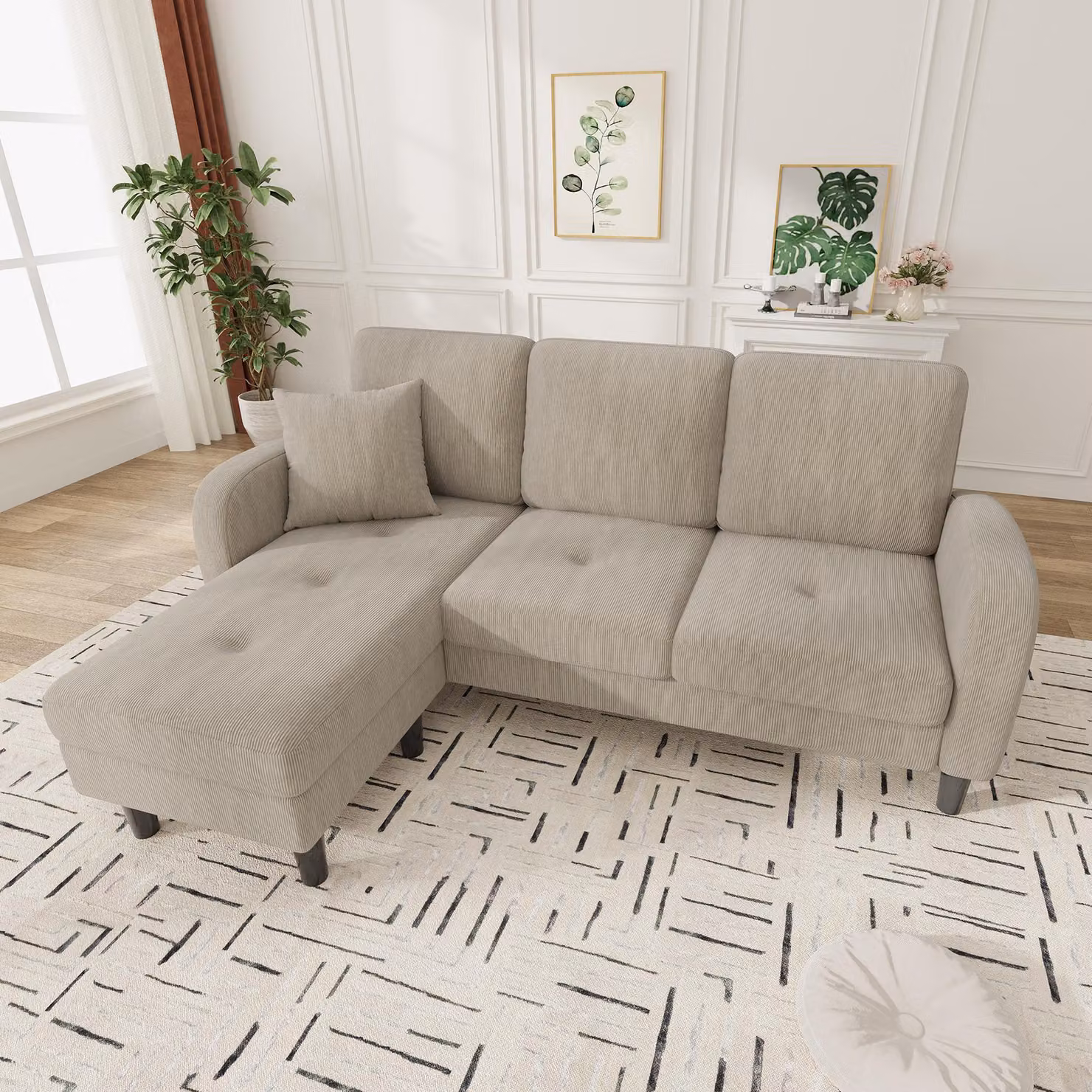 Divano ad L Merax con chaise longue, divano a 3 posti in velluto e corduroy con struttura in legno massello, divano modulare da salotto con gambe in plastica, grigio
