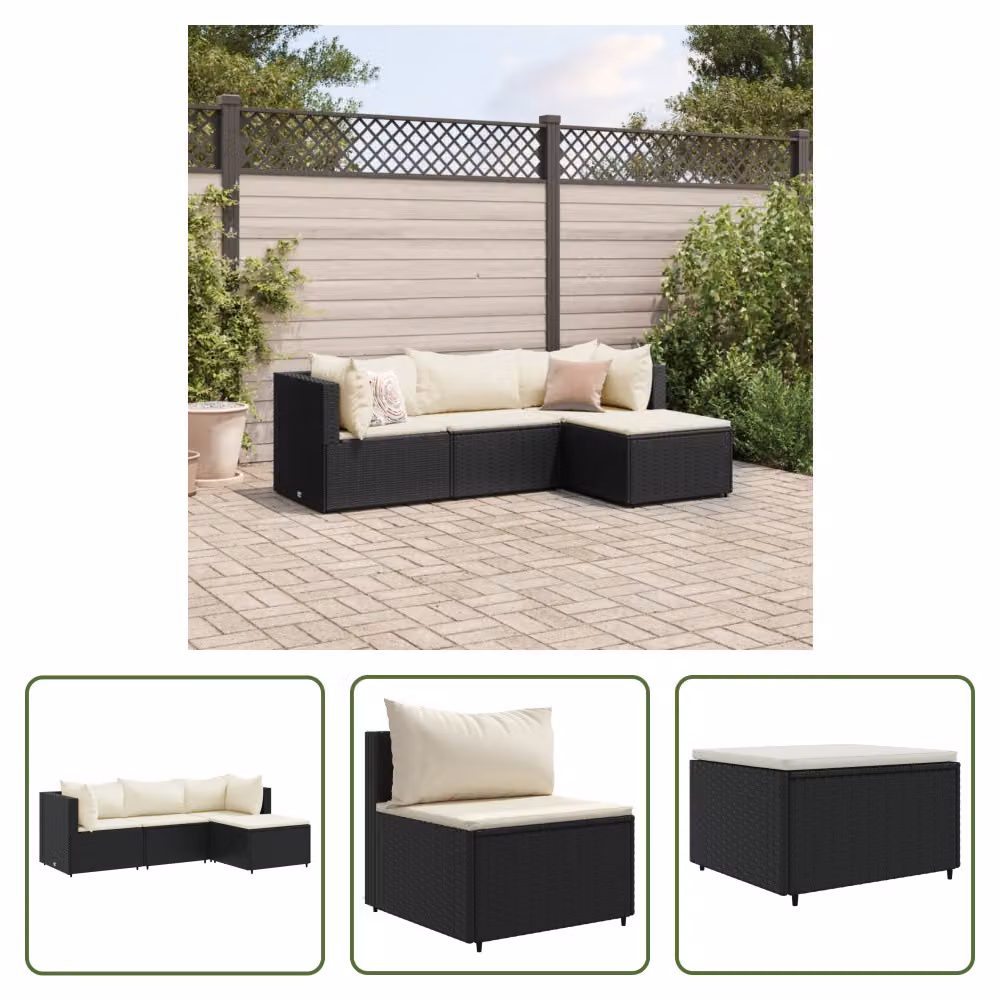 The Living Store Set da giardino 4 pezzi con cuscini in poly rattan nero