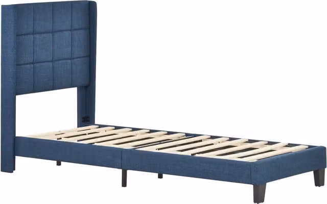 Letto singolo 90x200 in lino blu con testiera imbottita e rete a doghe， senza materasso