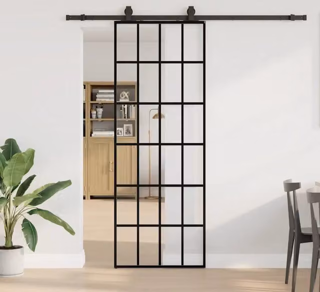 Porta Scorrevole Moderna vidaXL in Vetro Trasparente e Alluminio con Ferramenta Nera L: 76 cm, H: 205 cm – 1