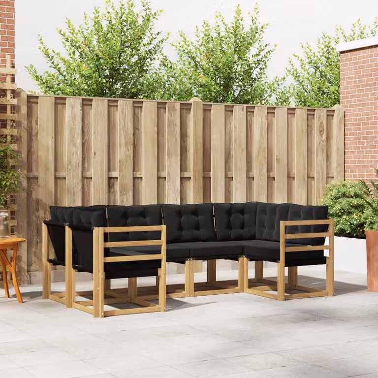 Set di divani da esterno a L vidaXL in legno di acacia con cuscini bianchi e neri per giardino e terrazza