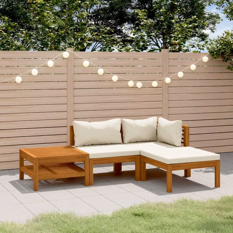 The Living Store Set da giardino 4 pezzi con cuscini crema Legno massiccio di acacia