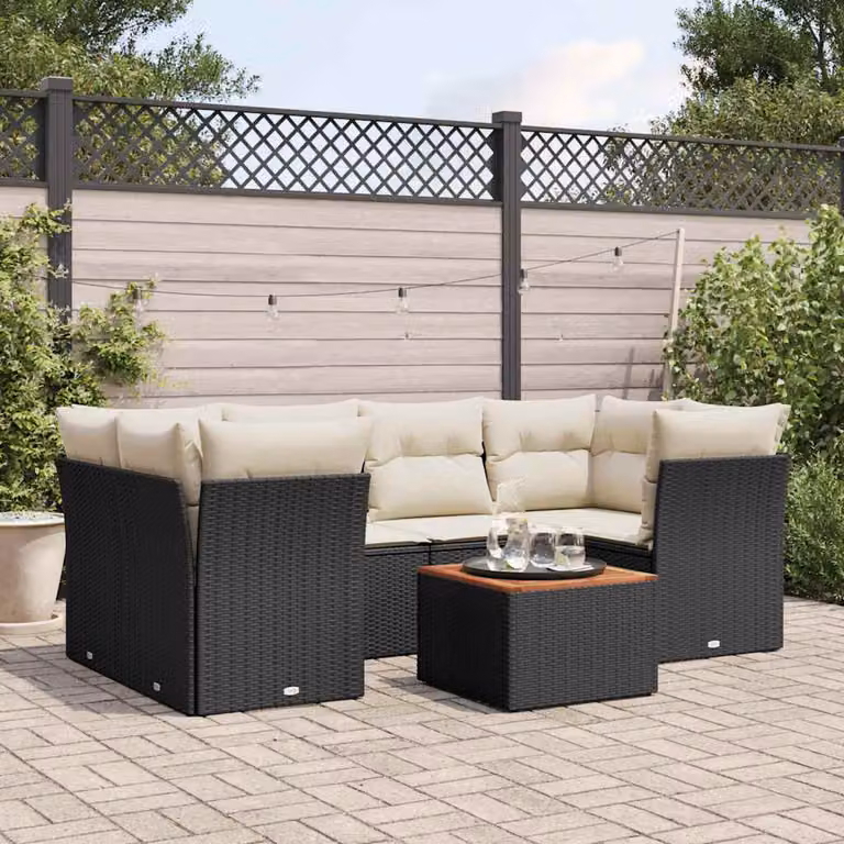 Set Divani da Giardino a L vidaXL in Polyrattan Nero con 7 Cuscini e Tavolino da Esterno