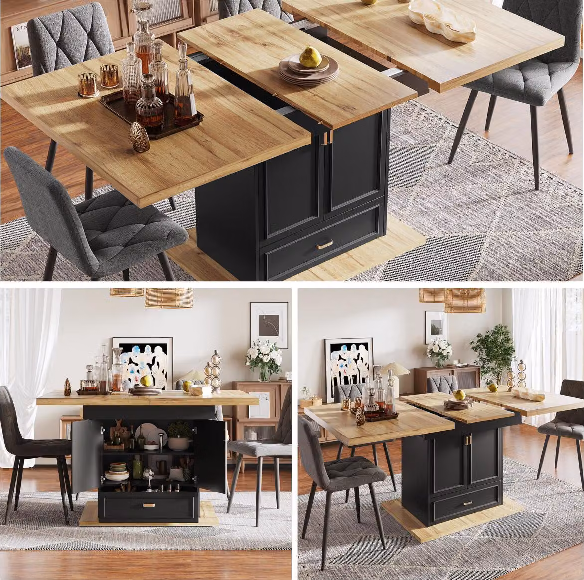 Tavolo da pranzo allungabile 110-140 cm con base contenitore, illuminazione a LED e cassetto, tavolo da cucina effetto legno naturale per 6 persone, 140x80x75 cm