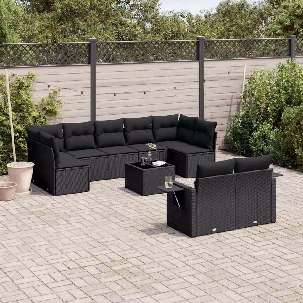 vidaXL Set Divani da Giardino a Forma di U in Polyrattan Nero con Cuscini e Tavolino da Caffè – 1
