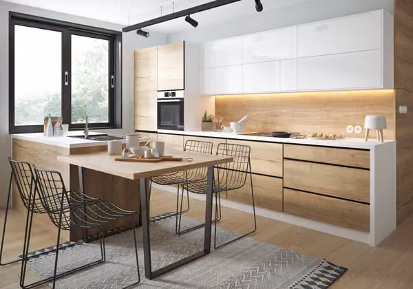 Mobile cucina TREVISO cucina componibile 370cm REJS completamente estensibile bianco Halifax fronte rovere - bianco lucido