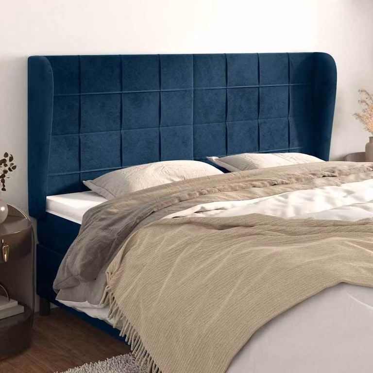 Testiera per letto vidaXL in velluto blu scuro con struttura in legno e pannello imbottito L: 203 cm, P: 23 cm, H: 118/128 cm