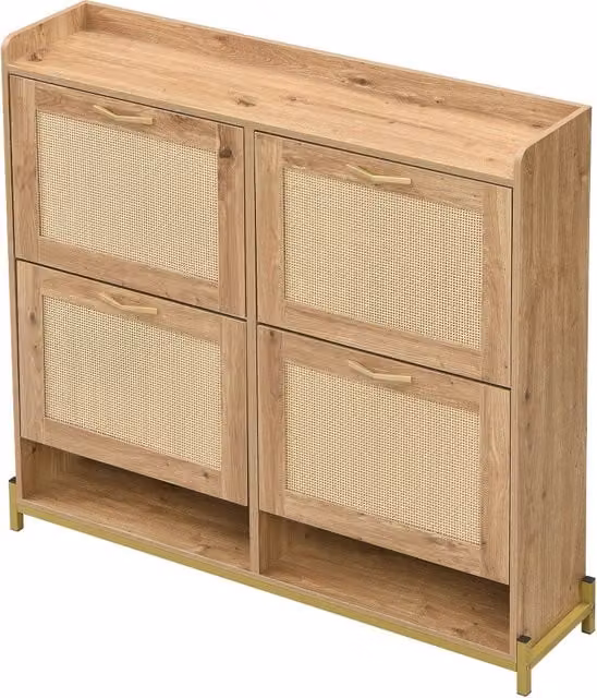 Armadio contenitore per scarpe in legno con ante in rattan e struttura metallica, 4 ante, con ripiano superiore