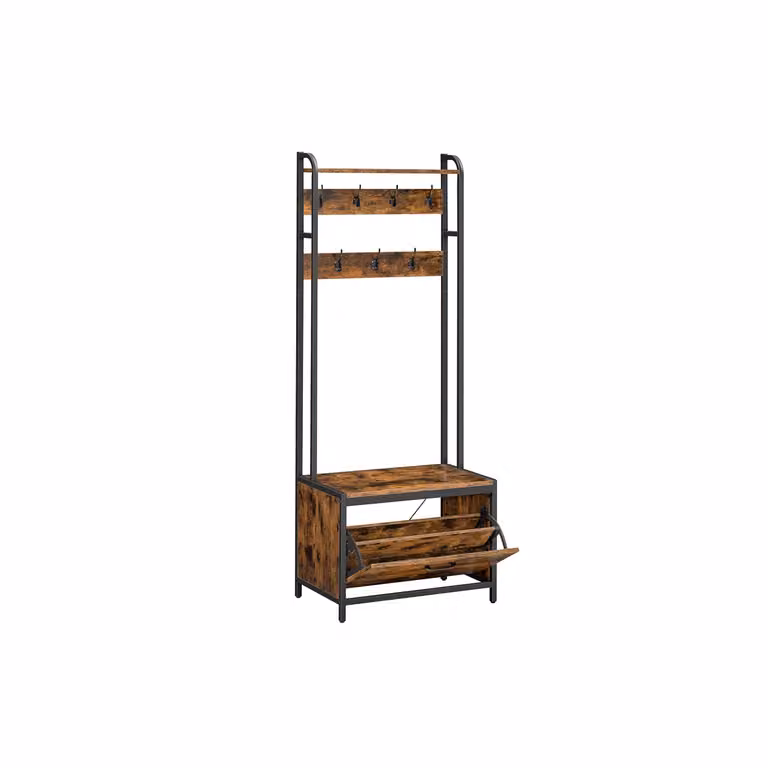 Appendiabiti con Scarpiera a Ribalta Marrone Vintage, Marrone Vintage + Nero / 7 Ganci (40 x 65 x 170 cm)