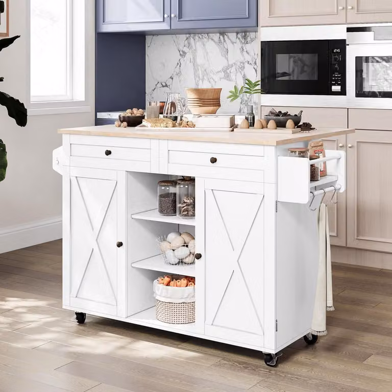 Isola da cucina mobile con piano di lavoro pieghevole, bianca