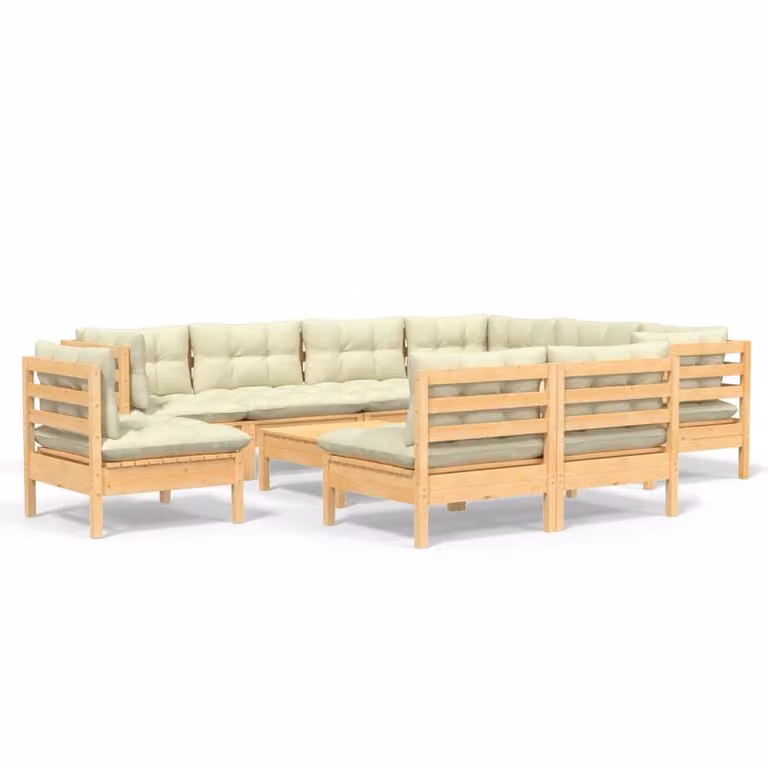 Set Divani da Giardino 10 pz con Cuscini Crema Massello di Pino