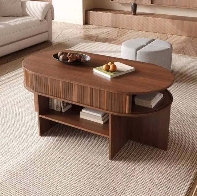Tavolino da caffè ovale con ante scorrevoli e sgabelli in tessuto; 120 x 60 x 51;5 cm; noce