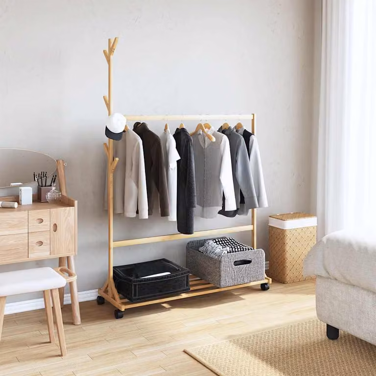 vidaXL Appendiabiti con Ganci e Ruote 100x35x157 cm in Bambù