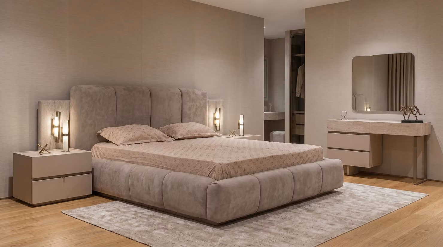 Set per camera da letto moderno, con letto contenitore, imbottito beige, cassettiera integrata, design