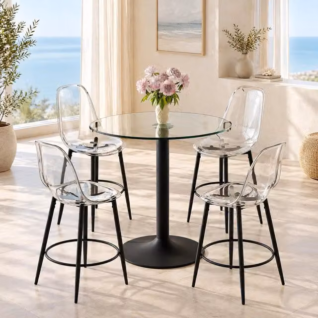Set tavolo da bar Mivray con piano rotondo in vetro e 4 sgabelli con schienale, struttura in metallo nero e sedute trasparenti – 1