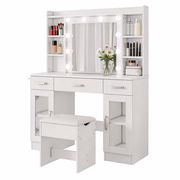Zimilo Tavolo da toeletta con specchio LED 3 colori di luce Tavolo da toeletta con 3 cassetti 2 armadietti Sgabello Supporto per asciugacapelli Tavolo da toeletta con spazio di archiviazione Bianco