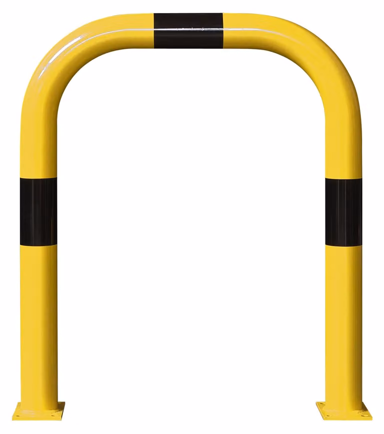 Barra di protezione XL, tubo tondo 108/3,6 mm, curvata, LxA 1000x1200 mm, esterno, zincata a caldo e rivestita in giallo, con strisce nere, da fissare con tasselli