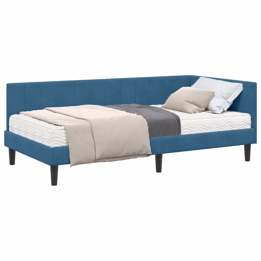 vidaXL Struttura Letto Angolare in Velluto Blu con 2 Materassi in Schiuma L/P/H: 90 x 190 x 72 cm – 2