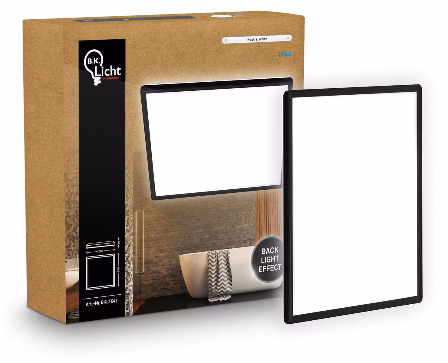 B.K.Licht Pannello LED piatto 24x24cm quadrato 16W 1900lm 4000K bianco neutro protezione dagli spruzzi d'acqua nero - Lampada da soffitto bagno cucina soggiorno