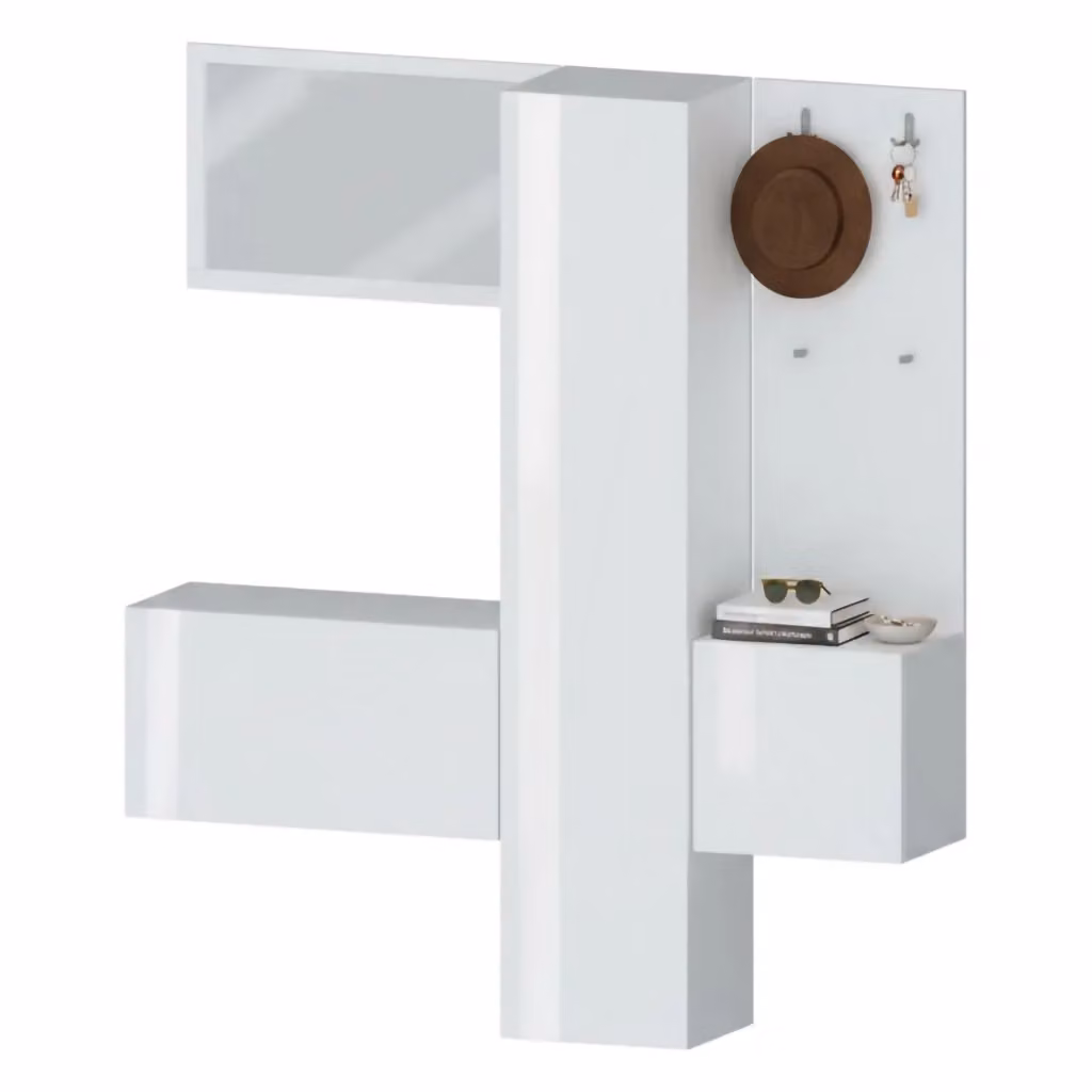 Mobile da ingresso Barengo DMORA, Armadietto multifunzione a 3 ante con specchio e appendiabiti da parete, Bianco lucido, L: 170 cm, P: 35 cm, H: 190 cm – 2