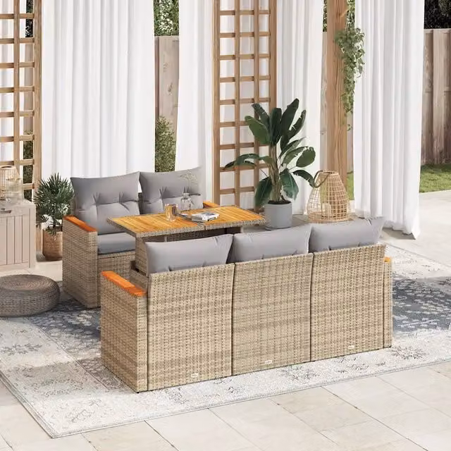 Set Divano da Giardino 6 pz con Cuscini Beige Polyrattan Acacia 3327440