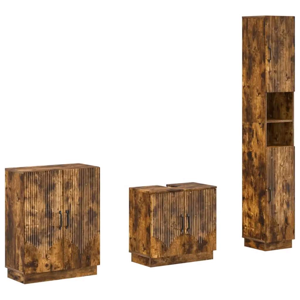 Set di mobili da bagno moderno vidaXL in legno di rovere marrone composto da mobile lavabo, colonna alta e pensile – 2