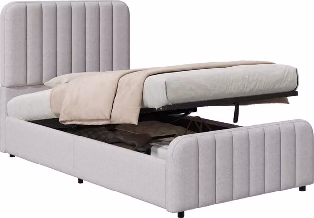 Letto imbottito per bambini 90x200 cm con contenitore idraulico in lino grigio