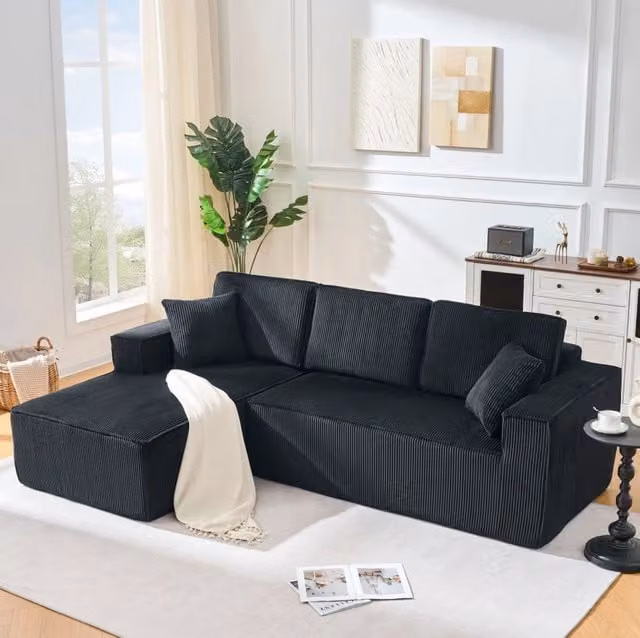 Divano angolare modulare a L; 2 posti con chaise longue; 235 x 128 x 60 cm; velluto a coste nero
