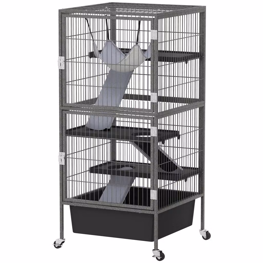 Gabbia per piccoli animali Xylo a 4 livelli con rampe, piattaforme, amaca e ruote, Grigio, H 115 x L 52 x P 52 cm – 2