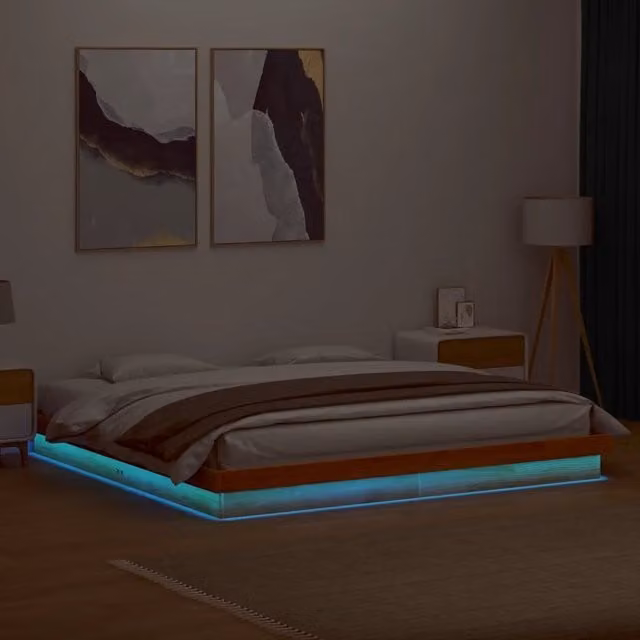 Letto Giroletto vidaXL in Legno Massello di Pino Marrone Cera con Illuminazione LED e Porta USB 200x200 cm – 1