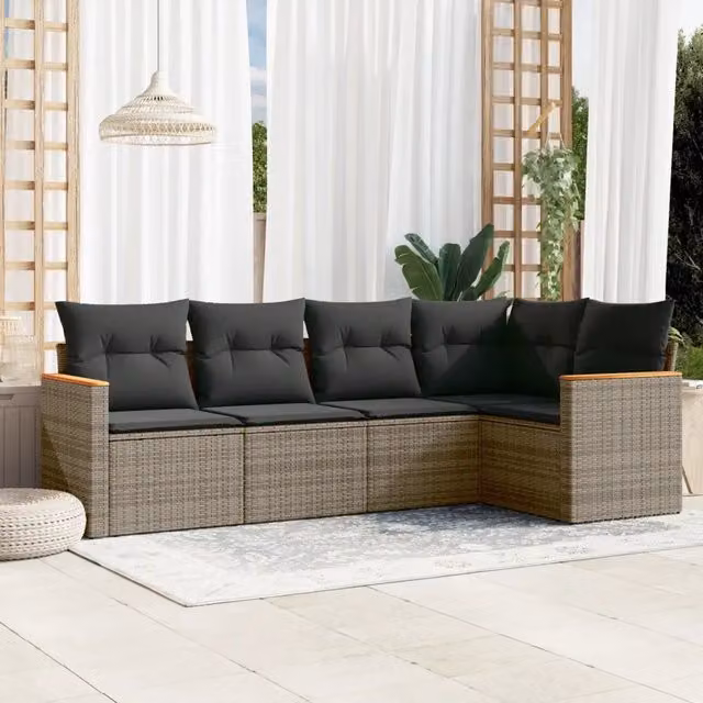Set Divano da Giardino 5 pz con Cuscini-Sofa da Giardino-Divanetto da esterno Grigio in Polyrattan 596351