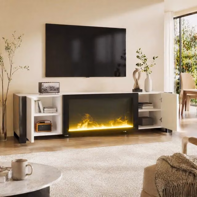 Mobile TV REDOM moderno con camino elettrico decorativo e illuminazione integrata, bianco lucido e nero, L: 165 cm, P: 32 cm, H: 55 cm