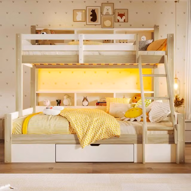 Letto a castello Mivray per bambini in legno e MDF bianco con scala reversibile, ripiani laterali, illuminazione LED sottostante e cassetto