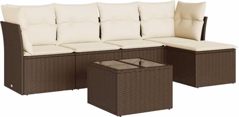 Set Divano da Giardino 6 pz con Cuscini Marrone in Polyrattan