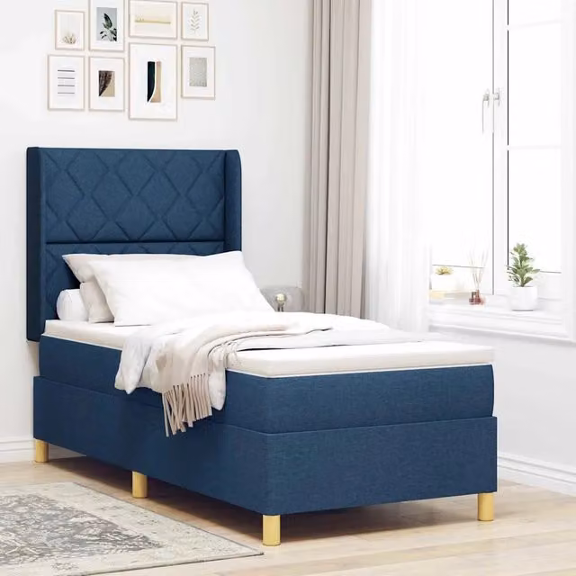 Letto a molle moderno vidaXL in tessuto blu con strisce LED sottostante e porta di ricarica USB L/P: 100 x 200 cm